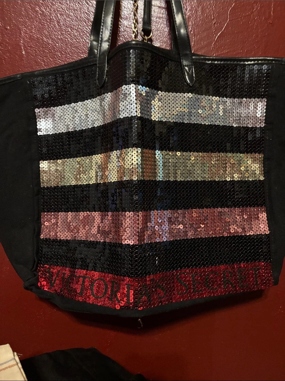 Victoria's Secret Black Tote with Multicolor Sequin Stripes